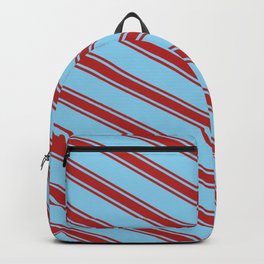 [ Thumbnail: Sky Blue & Red Colored Stripes Pattern Backpack ]