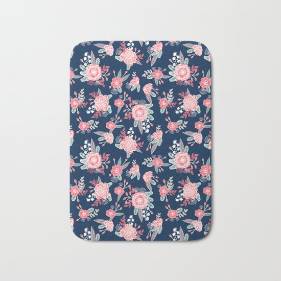 Florals navy coral pink blooms flower pattern girly trendy nursery baby Bath Mat