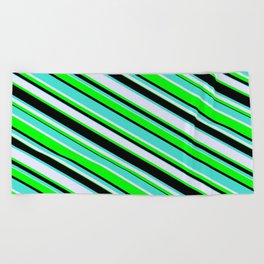 [ Thumbnail: Turquoise, Lavender, Lime & Black Colored Lines Pattern Beach Towel ]