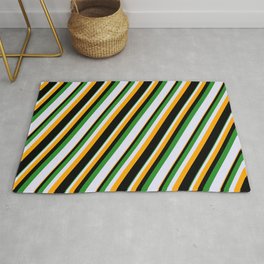 [ Thumbnail: Forest Green, Lavender, Orange & Black Colored Striped Pattern Rug ]
