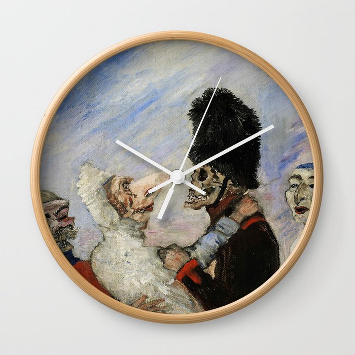 The beautiful wedding couple, a-hem, cough, cough; squelette arrêtant masques grotesque art portrait painting masks and ugly skeletons by James Ensor Wall Clock