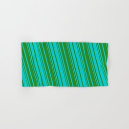 [ Thumbnail: Forest Green & Dark Turquoise Colored Striped Pattern Hand & Bath Towel ]