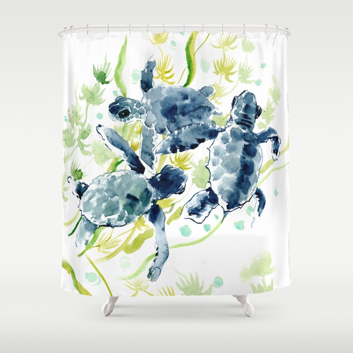 Sea Turtles , Indigo Blue Olive green Turtle art Shower Curtain