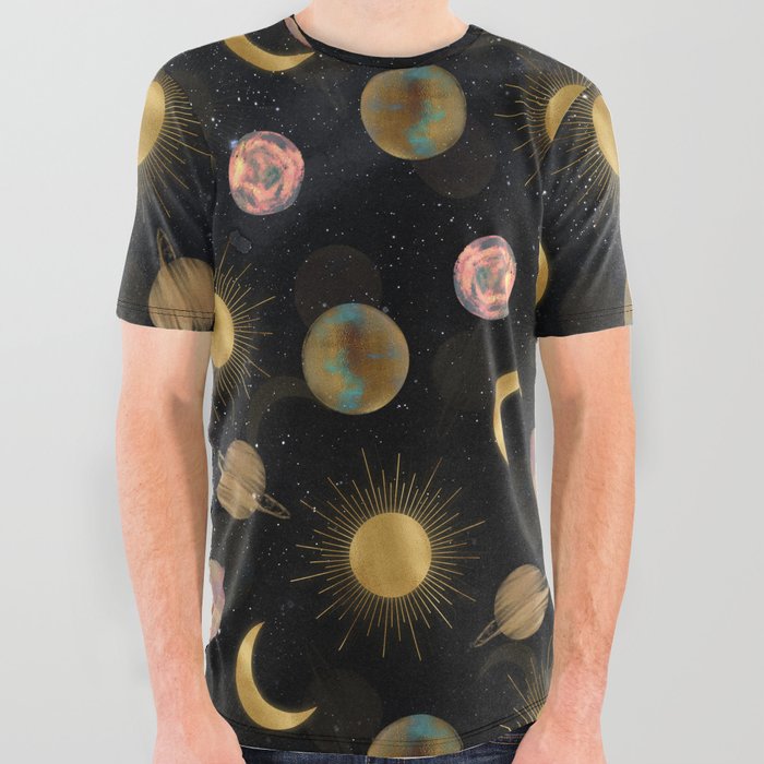 Gold Sun Moon Planets Space illustration All Over Graphic Tee