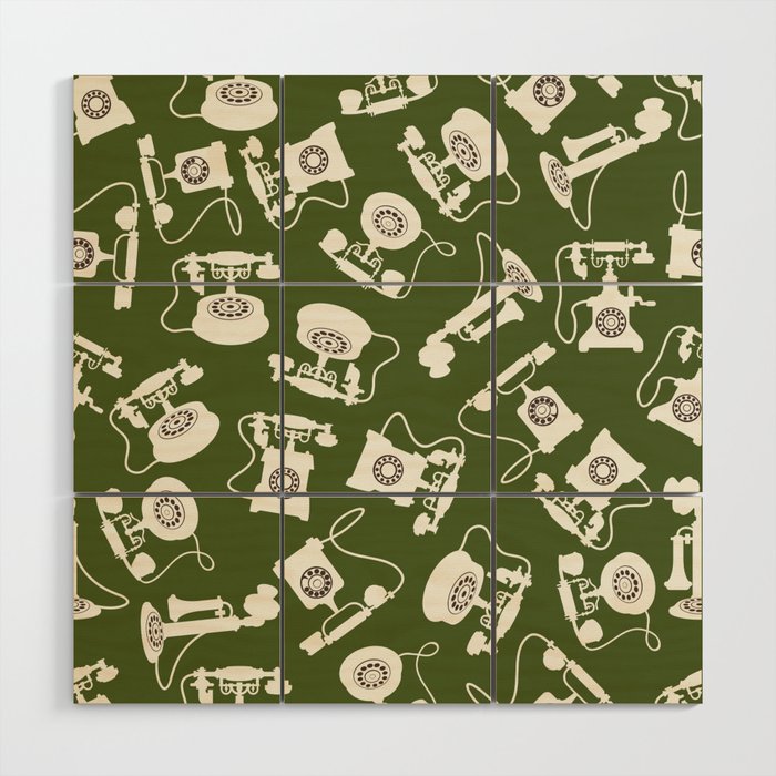 Vintage Rotary Dial Telephone Pattern on Olive Green Wood Wall Art