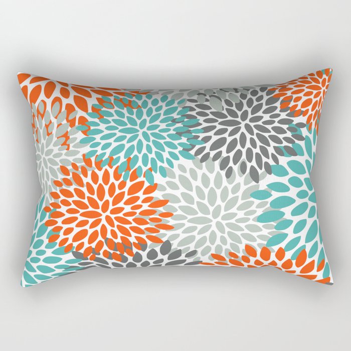 Floral Pattern, Abstract, Orange, Teal and Gray Rectangular Pillow
