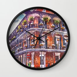 New Orleans Watercolor with Happy Blue Skies and Classic Architecture  Wall Clock | Urban, Nola, French Quarter, Louisiana, Architecture, Street, Photo, Blue Skies, Digital Manipulation, Sunny 