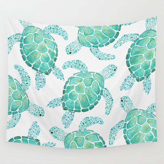 Sea Turtle Pattern - Blue Wall Tapestry
