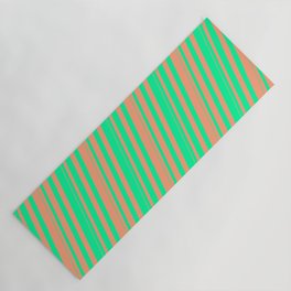 [ Thumbnail: Green & Light Salmon Colored Striped/Lined Pattern Yoga Mat ]