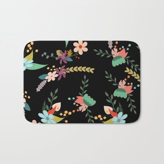 Floral pattern black Bath Mat