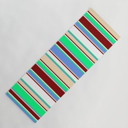 [ Thumbnail: Vibrant Green, Cornflower Blue, Tan, Maroon, and White Colored Lines Pattern Yoga Mat ]