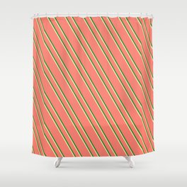 [ Thumbnail: Salmon, Forest Green & Tan Colored Stripes Pattern Shower Curtain ]