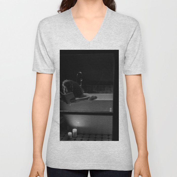 African American woman reading in the bathtub by candlelight black and white portrait photograph - photography - photographs wall decor V Neck T Shirt