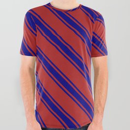 [ Thumbnail: Red and Blue Colored Lined/Striped Pattern All Over Graphic Tee ]