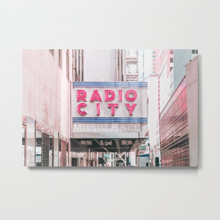 New York Radio City Sign Pink Travel Photography Metal Print