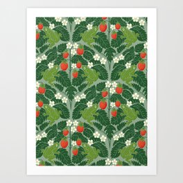 Frogs And Wild Strawberries On Pale Green Art Print