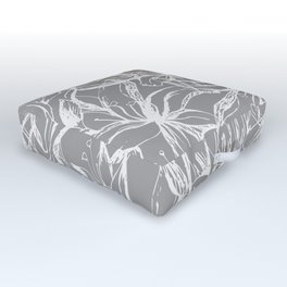 White contour flowers on a gray background. Outdoor Floor Cushion