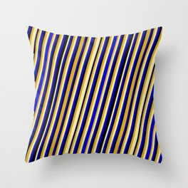 [ Thumbnail: Goldenrod, Pale Goldenrod, Blue & Black Colored Striped Pattern Throw Pillow ]