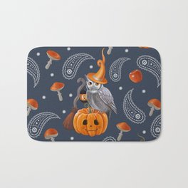 Owl Halloween Bath Mat | October, Owl, Mushroom, Blue, Trickortreat, Digital, Autumn, Grey, Scops, Painting 
