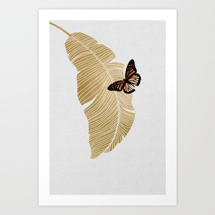 Butterfly & Palm Leaf, Gold Wall Art Art Print