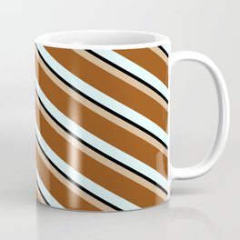 [ Thumbnail: Tan, Brown, Light Cyan, and Black Colored Stripes/Lines Pattern Coffee Mug ]