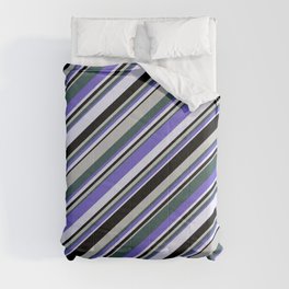 [ Thumbnail: Eyecatching Grey, Dark Slate Gray, Slate Blue, Lavender, and Black Colored Lines/Stripes Pattern Comforter ]