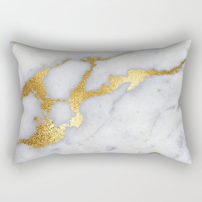 White and Gray Marble and Gold Metal foil Glitter Effect Rectangular Pillow