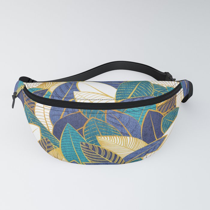 Leaf wall // navy blue royal blue and teal leaves golden lines Fanny Pack