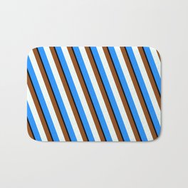 [ Thumbnail: Brown, Mint Cream, Blue, and Black Colored Pattern of Stripes Bath Mat ]