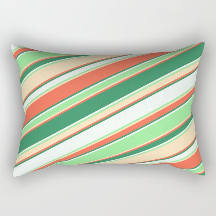 Colorful Red, Sea Green, Mint Cream, Light Green & Beige Colored Lined/Striped Pattern Rectangular Pillow
