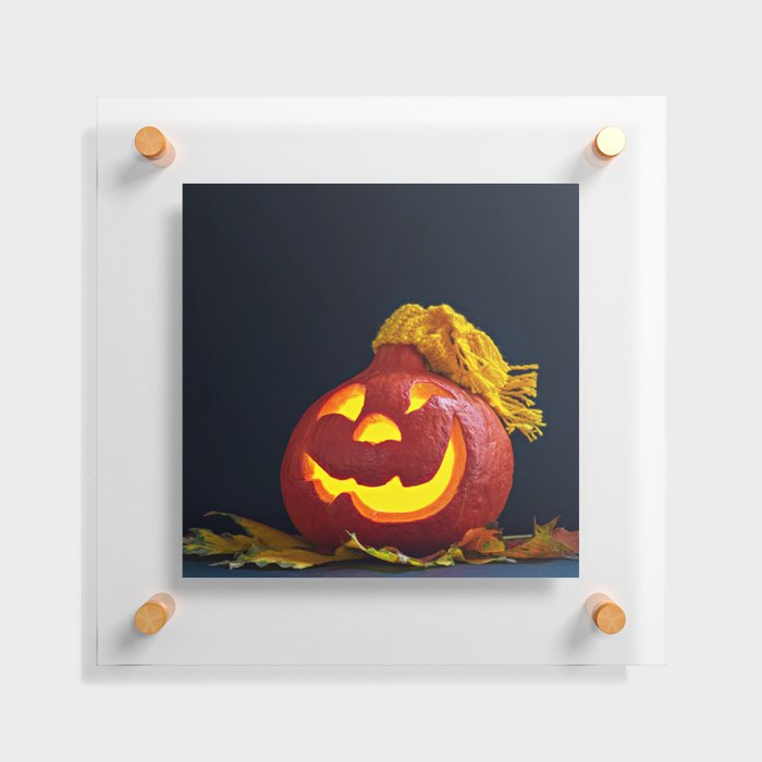 Glowing Pumpkin with Autumn Leaves on a Dark Background. Jack's Lantern. Halloween Decoration Floating Acrylic Print