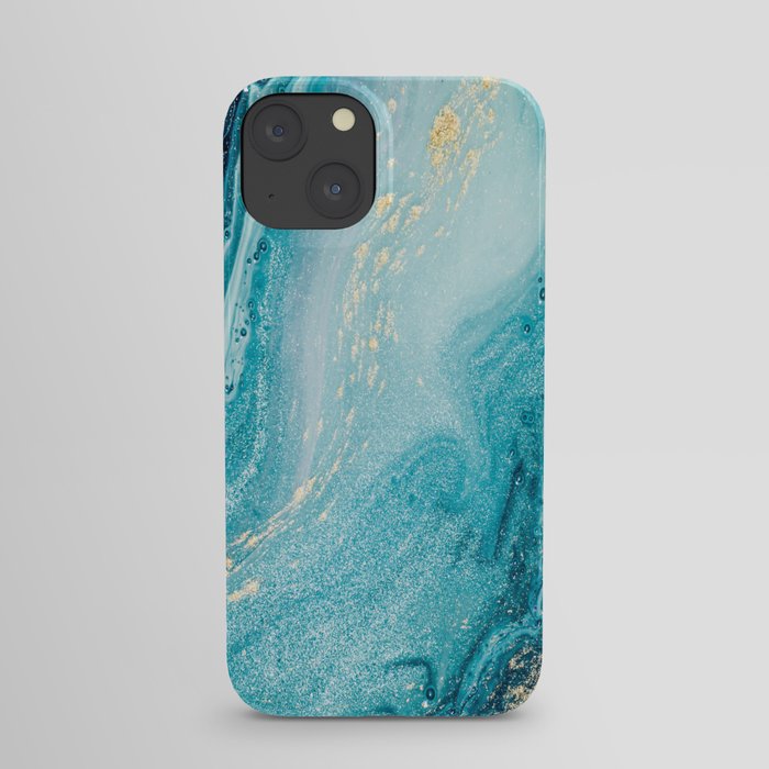 Azure, teal, aqua and gold marble texture iPhone Case
