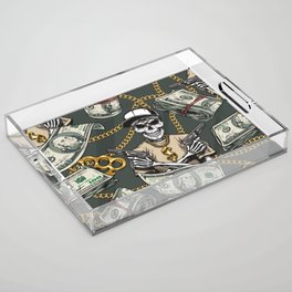 Colorful vintage money seamless pattern with gold chains knuckles dollar banknotes skeleton gangster wearing dollar sign pendant and holding guns vintage illustration Acrylic Tray