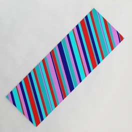 [ Thumbnail: Colorful Aqua, Red, Dark Turquoise, Violet, and Blue Colored Lined Pattern Yoga Mat ]