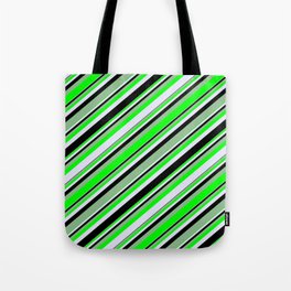 [ Thumbnail: Dark Sea Green, Lime, Lavender, and Black Colored Lines/Stripes Pattern Tote Bag ]