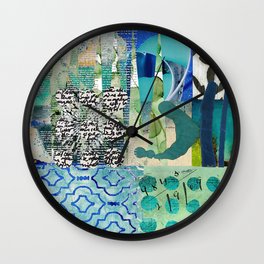 Teal Twist Abstract Collage, Teal Cobalt Turquoise Black and White Wall Clock