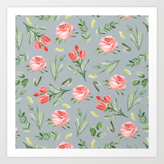 Roses. Grey pattern Art Print