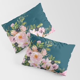 Floral Watercolor Roses, Teal and Pink, Vintage Pillow Sham