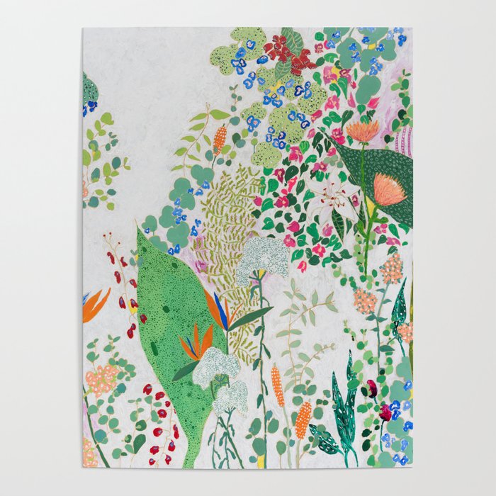 Painterly Floral Jungle on Pink and White Poster