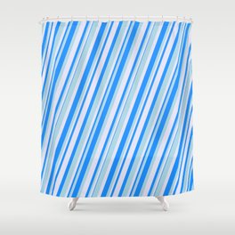 [ Thumbnail: Blue, Light Blue & Lavender Colored Lined/Striped Pattern Shower Curtain ]
