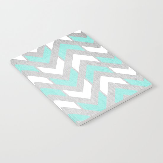 Teal & White Herringbone Chevron on Silver Wood Notebook