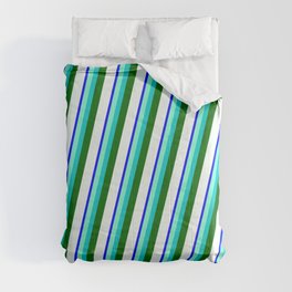 [ Thumbnail: Blue, Aquamarine, Dark Turquoise, Dark Green & Mint Cream Colored Stripes/Lines Pattern Comforter ]