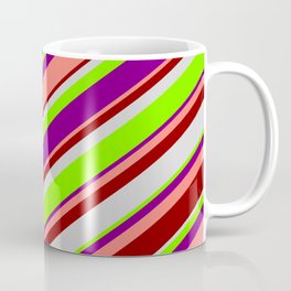 [ Thumbnail: Light Grey, Green, Purple, Salmon, and Dark Red Colored Striped Pattern Coffee Mug ]