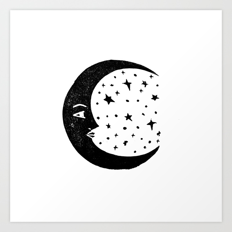 Linocut Moon Crescent Cycle Lunar Printmaking Art Decor Black Linocut Moon Crescent Cycle Lunar