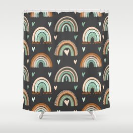 Seamless pattern of hand drawn hearts and boho rainbow in pastel mint and neutral beige colors on dark background Shower Curtain