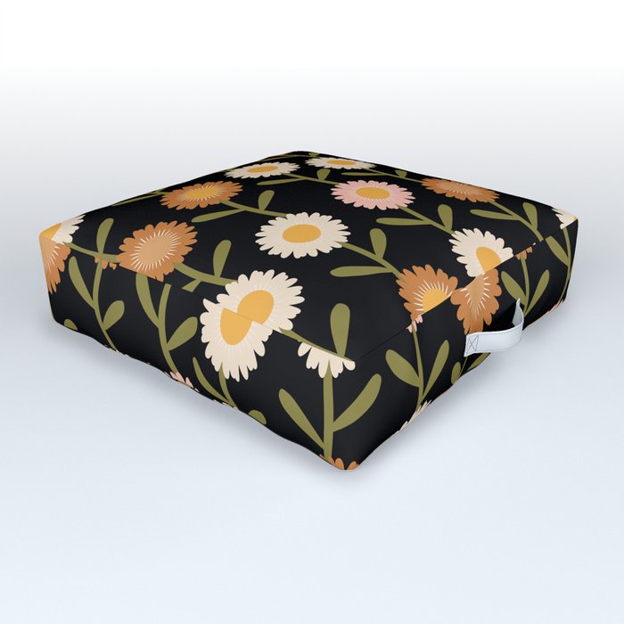 Modern Daisy Floral Pattern Black Outdoor Floor Cushion