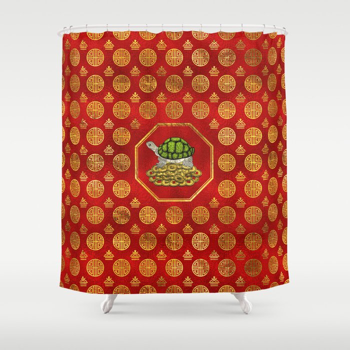 Golden Tortoise / Turtle Feng Shui on red Shower Curtain