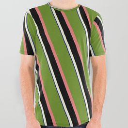 [ Thumbnail: Eyecatching Green, Light Coral, Black, Beige, and Dark Blue Colored Lined/Striped Pattern All Over Graphic Tee ]