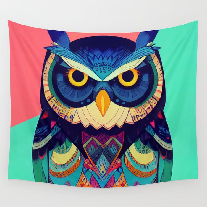 Colorful Owl Portrait Illustration - Bright Vibrant Colors Bohemian Style Feathers Psychedelic Bird Animal Rainbow Colored Art Wall Tapestry
