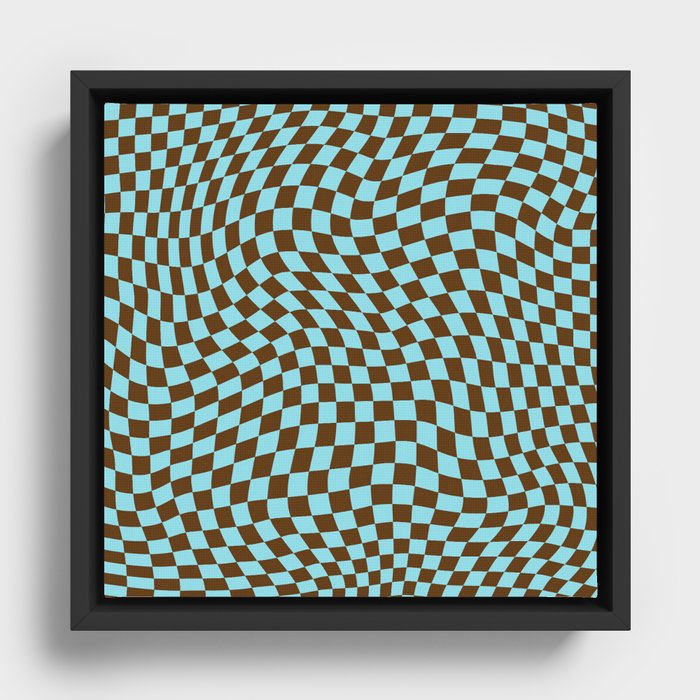 70s 60s Retro Swirled Checkered in Blue + Brown Framed Canvas